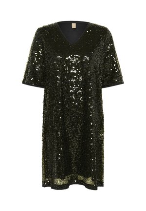Černé šaty s flitry a V výstřihem, s volnými krátkými rukávy. Mají třpytivou texturu a sahají nad kolena.