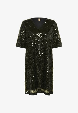 Črna obleka s paillettes in V-izrezom ter ohlapnimi kratkimi rokavi. Ima sijočo teksturo in sega nad koleno.