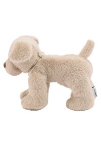 Stuffed plush dog toy, beige fur, round face, floppy ears, soft texture, short tail, detailed muzzle, with a collar and stitched accents.