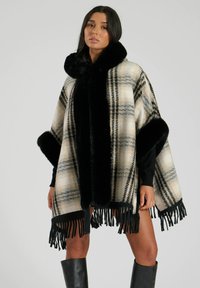 South Beach FAUX FUR CHECK FRINGE PONHCO - Poncho - black