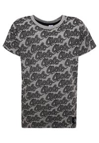 Šedé tričko s krátkým rukávem s opakovaným černým potiskem stylizovaného textu. Design s kulatým výstřihem vyrobený z měkké, texturované látky. Štítek na lemu.