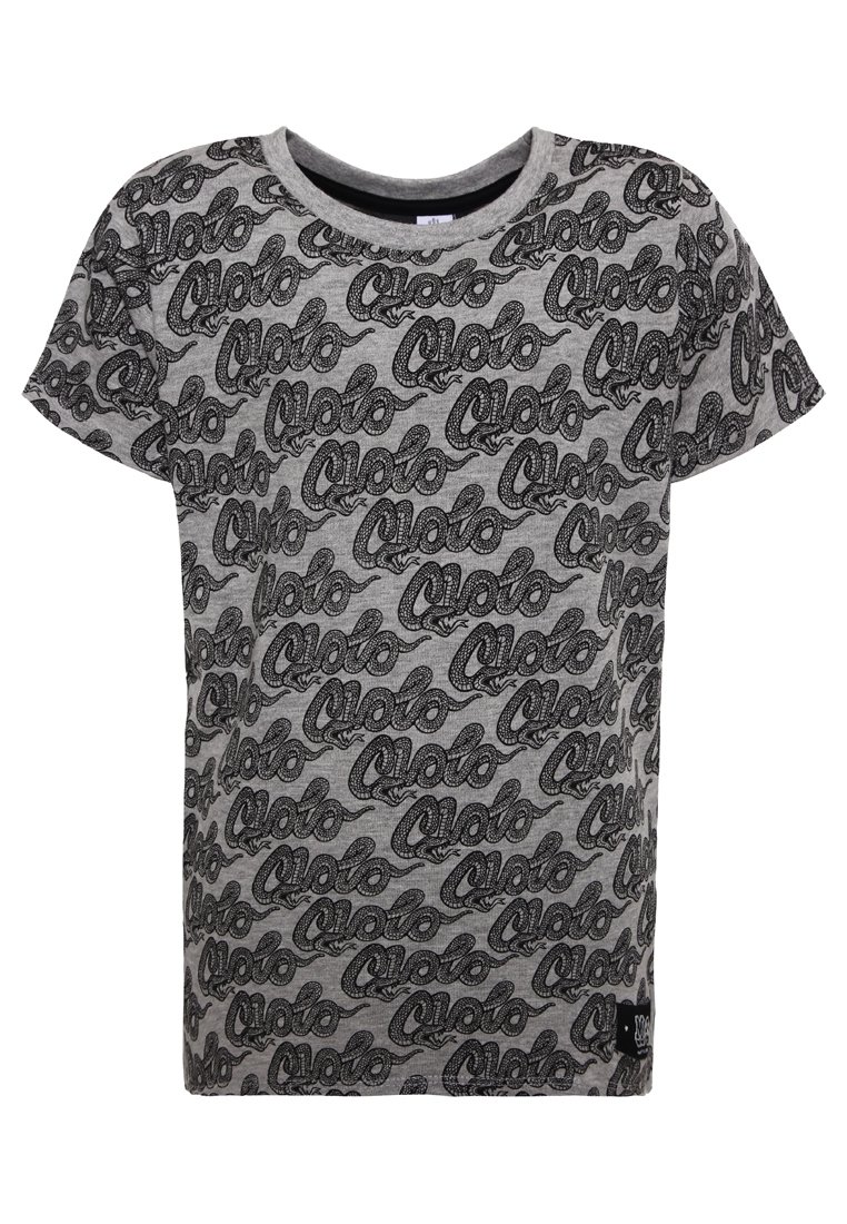 Šedé tričko s krátkým rukávem s opakovaným černým potiskem stylizovaného textu. Design s kulatým výstřihem vyrobený z měkké, texturované látky. Štítek na lemu.