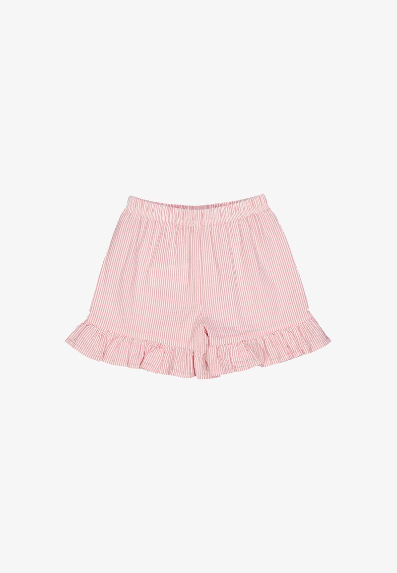 Červeno-bílé pruhované šortky s elastickým pasem a volánkovým lemem. Bavlněná látka s lehkou, prodyšnou strukturou.