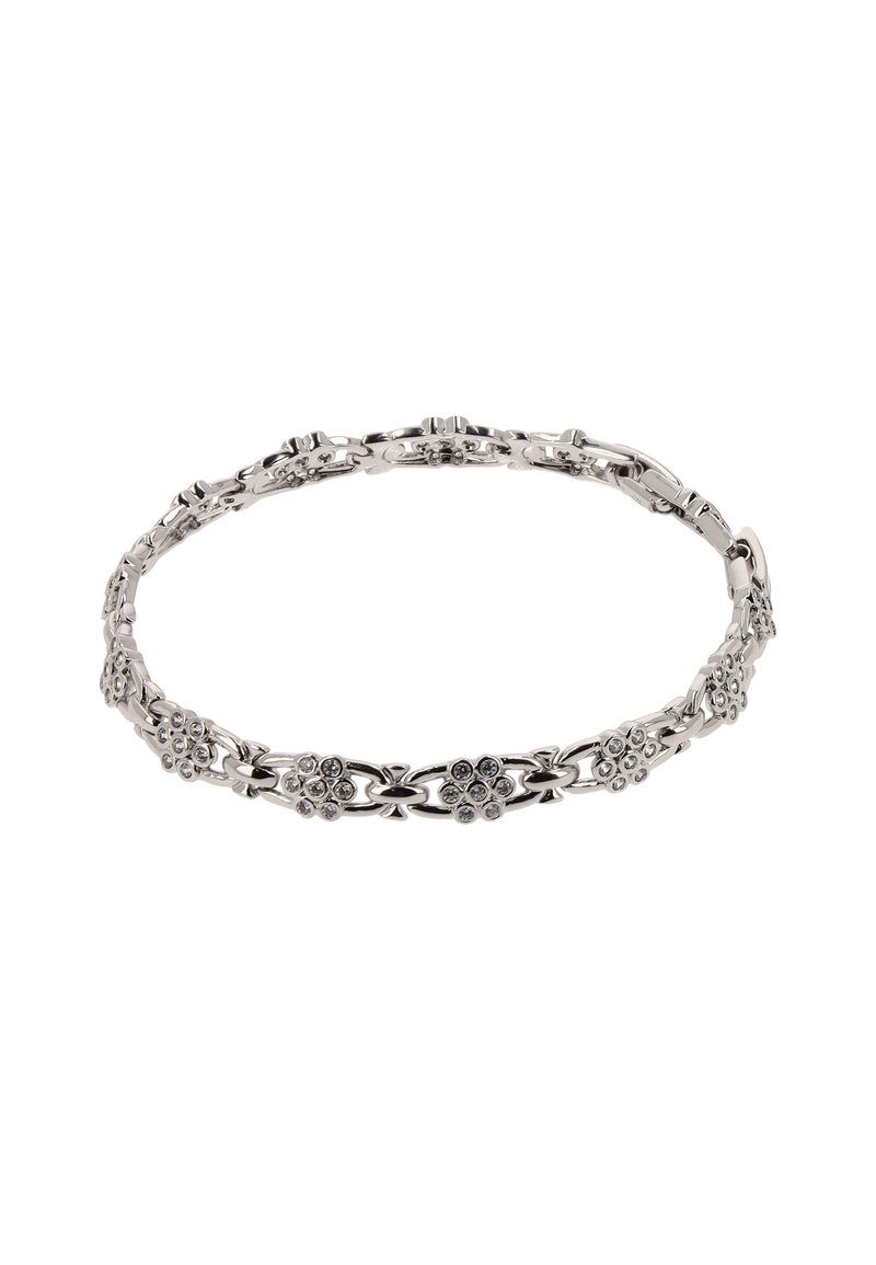 Ezüst virágmintás karkötő bonyolult láncokkal és dekoratív virágmotívumokkal, csillogó díszítéssel és fényes felülettel.