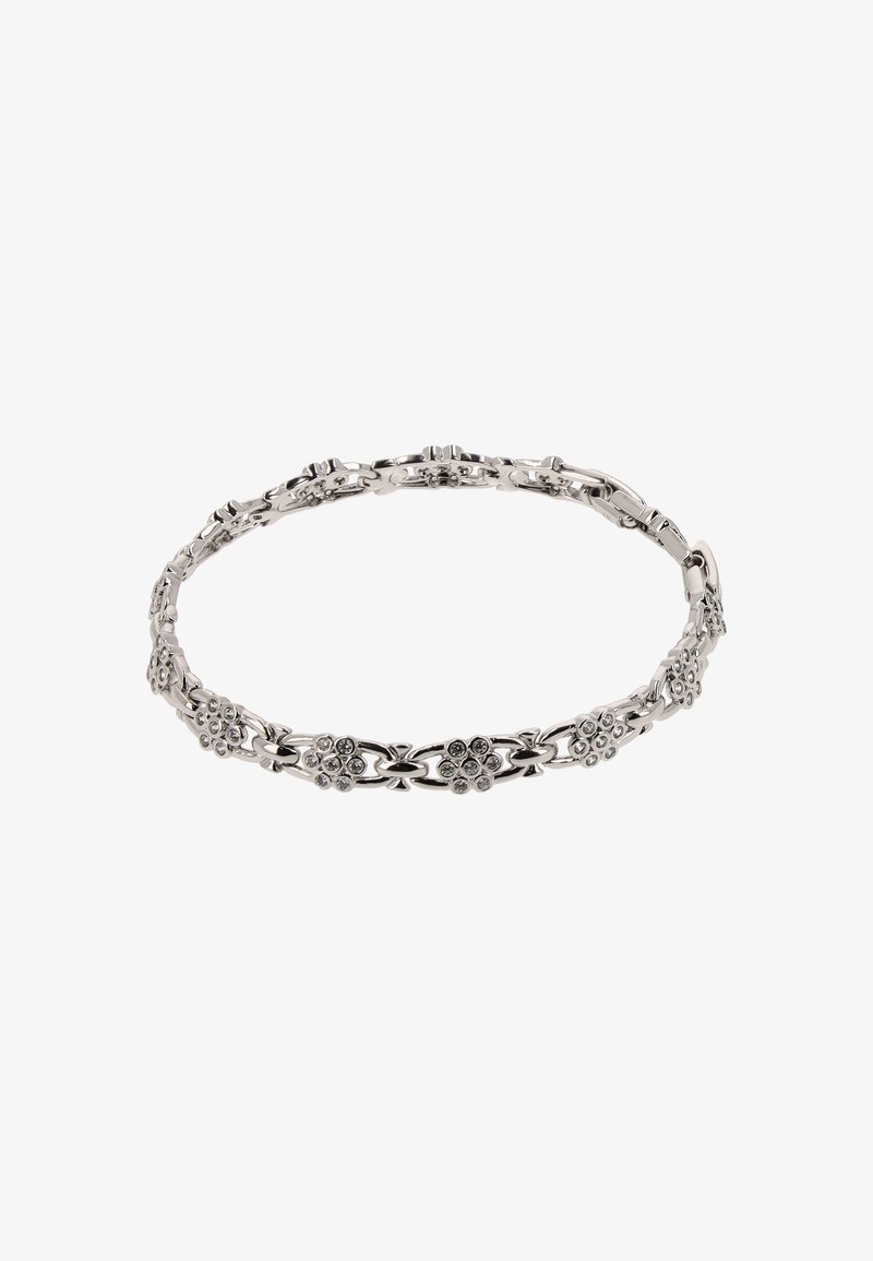 Bracelet floral en argent avec des maillons complexes et des motifs floraux décoratifs, présentant des accents scintillants et une finition polie.