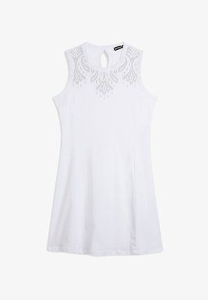 Vestido blanco sin mangas con abertura en la espalda, patrón decorativo sutil en el escote y silueta fluida en línea A. Material de algodón suave.