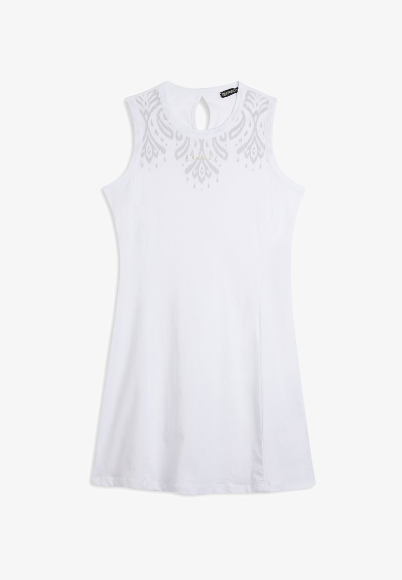 Vestido blanco sin mangas con abertura en la espalda, patrón decorativo sutil en el escote y silueta fluida en línea A. Material de algodón suave.