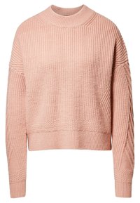 Stickad rosa tröja med hög krage, avslappnade axlar och texturerade mönster på ärmarna; har ribbade ärm- och kantlinjer.