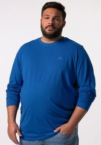 Camiseta de manga larga azul hecha de una tela suave, con cuello redondo y un pequeño logo tonal en el pecho. Corte casual con puños acanalados.