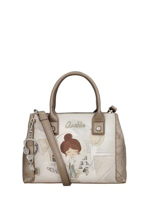 Borsa beige e taupe con manici, tracolla staccabile e illustrazione di una ragazza con capelli castani raccolti in uno chignon sul pannello frontale.