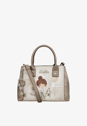 Borsa beige e taupe con manici, tracolla staccabile e illustrazione di una ragazza con capelli castani raccolti in uno chignon sul pannello frontale.