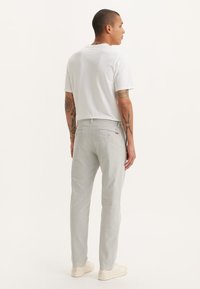 Pantalones gris claro con un corte recto y bolsillos traseros, combinados con una camiseta blanca, vistos desde atrás. Textura de tela suave.