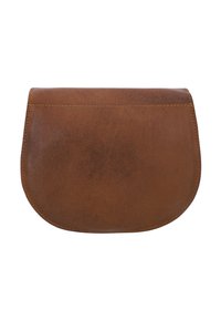 Borsa a pochette in pelle marrone con pattina arrotondata, design minimalista, dettagli di cucitura visibili e una texture liscia. Adatta per un uso casual.