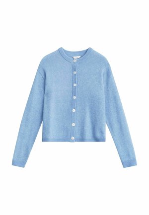 Lyseblå cardigan med lange ærmer og knapper, rund halsudskæring og ribkanter ved ærmer og linning.