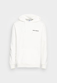 Vit hoodieströja i mjukt tyg, med en framficka och dragsko. Tryckt text "adidas originals" på bröstet.