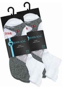 Calze sportive per caviglia in grigio e bianco, con tessuto testurizzato e tallone rinforzato. Il pacco include due paia, contrassegnati "L" e taglia 39-42.