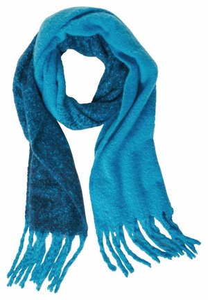 Écharpe en laine bleue avec motif bleu plus foncé sur un côté et franges aux deux extrémités, pliée en boucle.