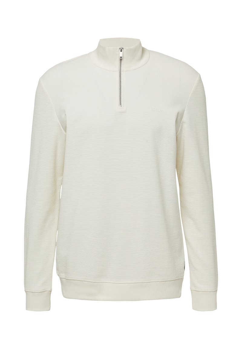 Witte pullover met een hoge kraag en een korte rits, gemaakt van een textuurstof met ribgebreide manchetten en zoom. Subtiele logo aan de voorkant.