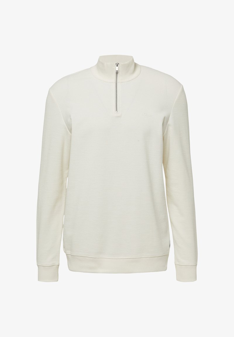 Pullover bianco con colletto alto e una cerniera corta, realizzato in un tessuto testurizzato, con polsini e orlo a costine. Logo discreto sul davanti.