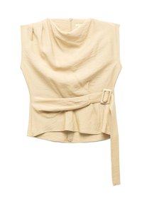 Beige Cropped Top mit drapierter Ausschnittlinie, strukturiertem Schnitt, seitlichem Gurtdetail und einem Reißverschluss auf der Rückseite aus leichtem Stoff.