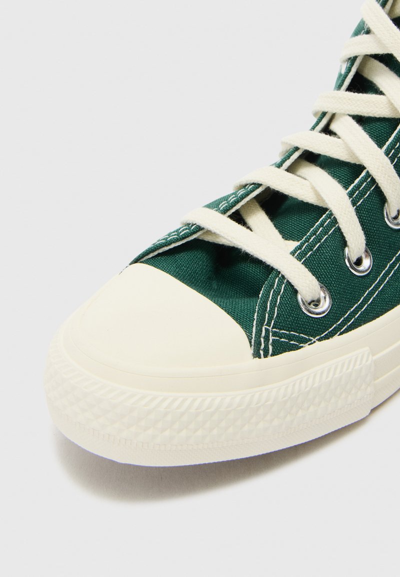 Baskets en toile vertes avec un bout en caoutchouc blanc et une semelle texturée, dotées de lacets crème et d'œillets en métal.