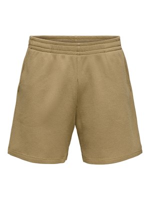 Jasnobrązowe szorty z teksturowanym splotem, z elastycznym pasem i bocznymi kieszeniami, przedstawione na białym tle.