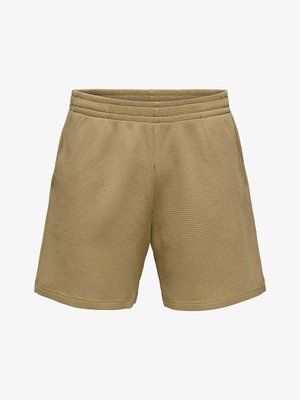Jasnobrązowe szorty z teksturowanym splotem, z elastycznym pasem i bocznymi kieszeniami, przedstawione na białym tle.