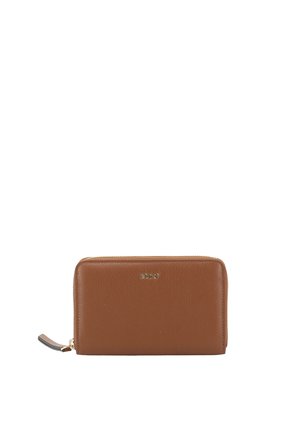 Brown leather wallet with textured finish, zip closure, and a gold logo accent on the front. Rectangular shape, compact design.