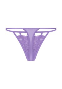 Paarse thong van een doorzichtig materiaal met een kanten paneelontwerp, met dunne zijbanden en een V-vormige achterkant.
