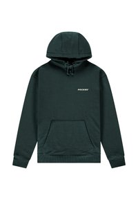 Felpa verde scuro in tessuto morbido, con tasca a marsupio, cappuccio regolabile con cordino e testo del logo bianco sulla parte frontale.