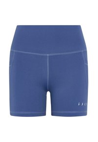 Blå treningsshorts laget av elastisk stoff, med høy midje og sidelommer. Minimalistisk logodetalj i hvitt på kanten.