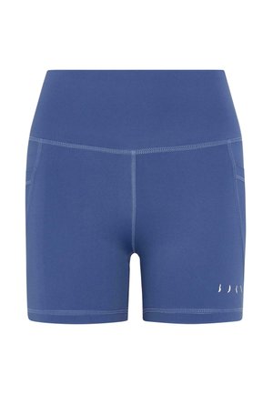 Blue athletic shorts made from stretch fabric, featuring a high waistband and side pockets. Minimalist logo detail in white on the hem.
