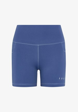 Kék sportnadrág rugalmas anyagból, magas derékkal és oldalsó zsebekkel. Minimalista fehér logó részlet az alján.