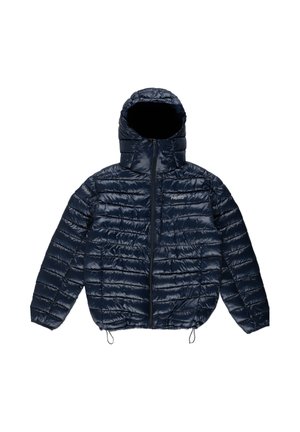 Granatowa kurtka puchowa z kapturem, pikowanym wzorem, zamkiem z przodu, elastycznymi sznurkami ściągającymi u dołu oraz gładkim, błyszczącym wykończeniem.