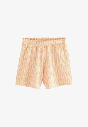 Csíkos rövidnadrág, rugalmas derékkal, rózsaszín, sárga és fehér függőleges csíkokkal. Puha tapintású, laza szabású.