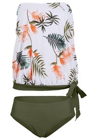 Costume da bagno a due pezzi con parte superiore bianca decorata con stampa di foglie tropicali e fiori, e parte inferiore alta color verde oliva con dettaglio di lacci laterali.