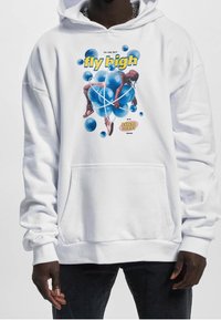 Sweat à capuche blanc avec un imprimé graphique coloré présentant des bulles bleues et une silhouette assise. Comprend une poche avant et des poignets côtelés.