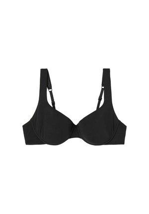 Soutien-gorge noir en tissu lisse avec armatures et bonnets moulés. Il présente des bretelles larges et ajustables ainsi qu'un design simple sans embellissements.