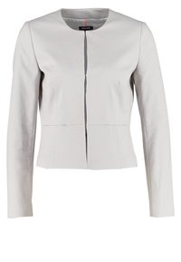 Veste cintrée gris clair avec une surface texturée, un col rond et une fermeture frontale. Manches longues et design structuré sans poches visibles.