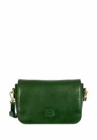 Sac bandoulière en cuir vert à texture lisse, fermeture à rabat, sangle réglable et quincaillerie dorée. Forme rectangulaire compacte.