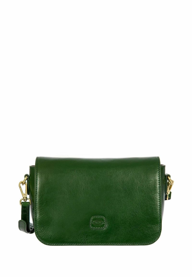 Sac bandoulière en cuir vert à texture lisse, fermeture à rabat, sangle réglable et quincaillerie dorée. Forme rectangulaire compacte.