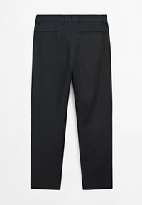 Black trousers made of smooth fabric, featuring a straight leg design, two back pockets, and a button closure at the waist.
