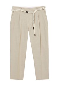 Beige Leinenhosen mit lockerer Passform, ausgestattet mit einem Seilgürtel in braunen Akzenten und vorderen Falten für zusätzliche Details.
