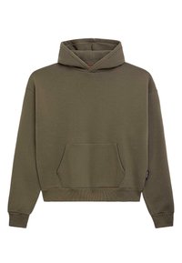 Olivgrüner Hoodie aus weichem Material, mit einer vorderen Tasche im Känguru-Stil, gerippten Bündchen und einer Kapuze mit Kordelzug.