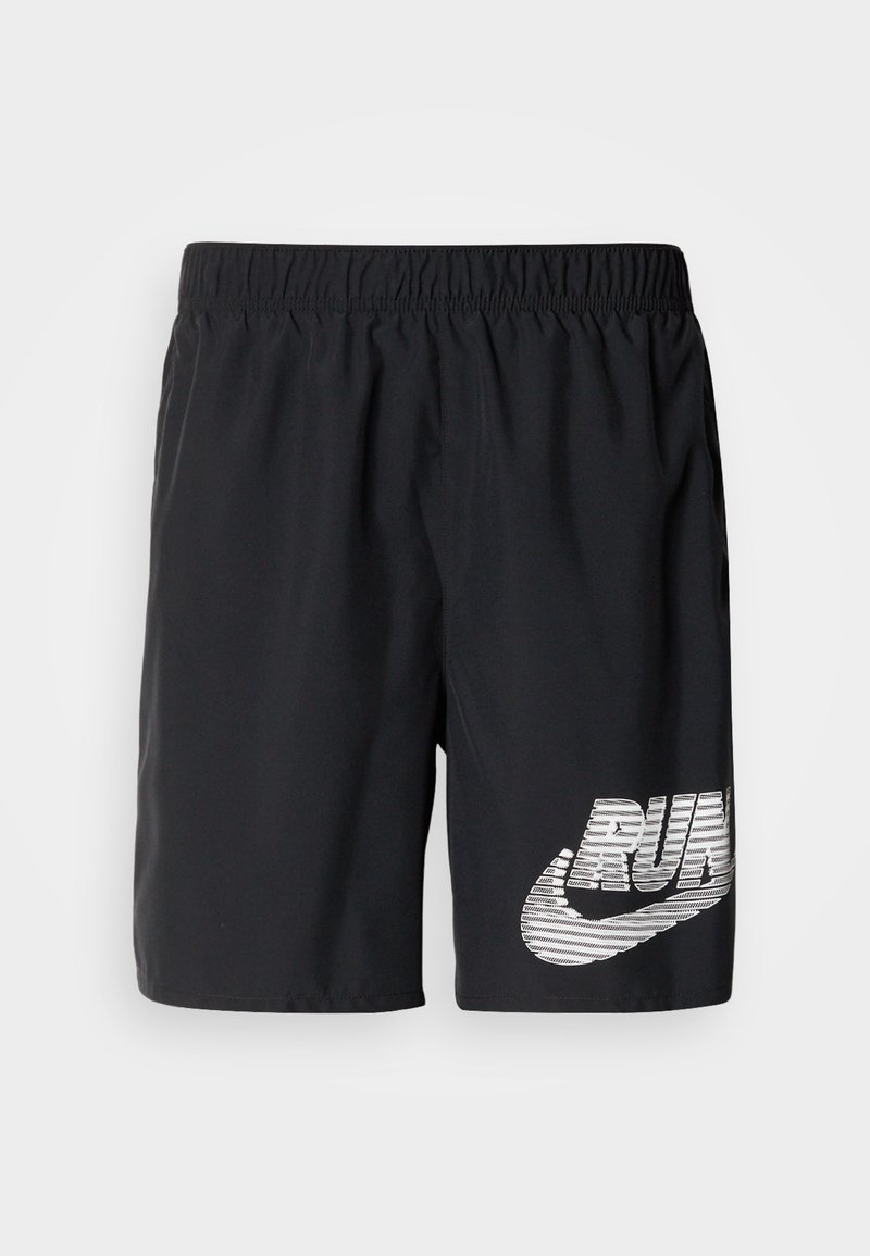 Schwarze Sportshorts aus leichtem Stoff. Sie verfügen über einen elastischen Bund und eine auffällige weiße "RUN"-Grafik im Logo-Stil.