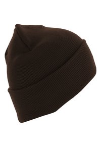 Dark brown knit beanie hat with a ribbed texture and a turned-up cuff. The top features a slight point. Durable and flexible material.