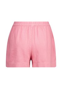 Pantalones cortos de lino rosa con una cintura elástica, que presentan una textura suave y un diseño simple y sin adornos. Sin bolsillos ni embellishments.