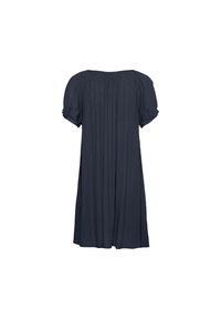 Robe bleu marine, longueur genou, avec manches courtes bouffantes, encolure froncée et silhouette fluide. Comprend deux poches latérales.