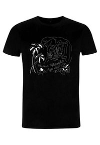 Sort bomulds T-shirt med hvid grafisk tekst "Hawaiian Rollercoaster Ride" samt illustrationer af bølger, palmer og blomster.