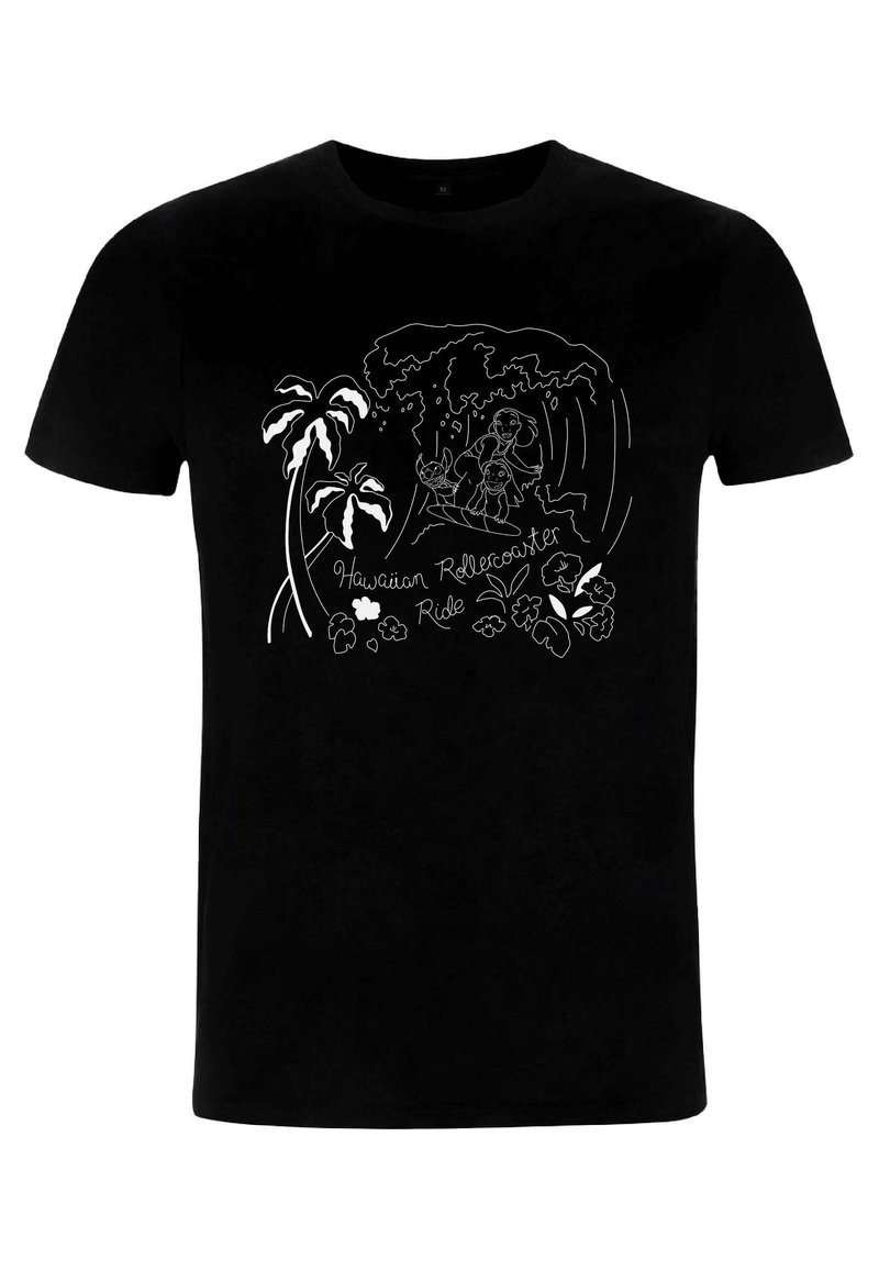 Sort bomulds T-shirt med hvid grafisk tekst "Hawaiian Rollercoaster Ride" samt illustrationer af bølger, palmer og blomster.
